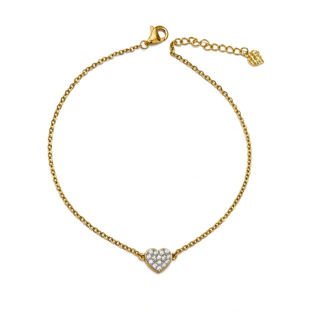 Pulsera con dije de corazón circonia y cadena oro amarillo 10k
