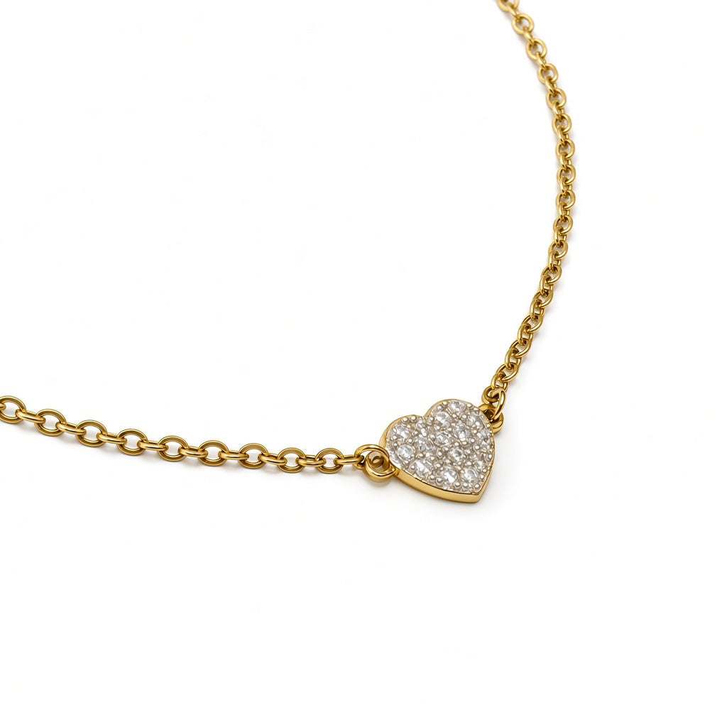 Pulsera con dije de corazón circonia y cadena oro amarillo 10k