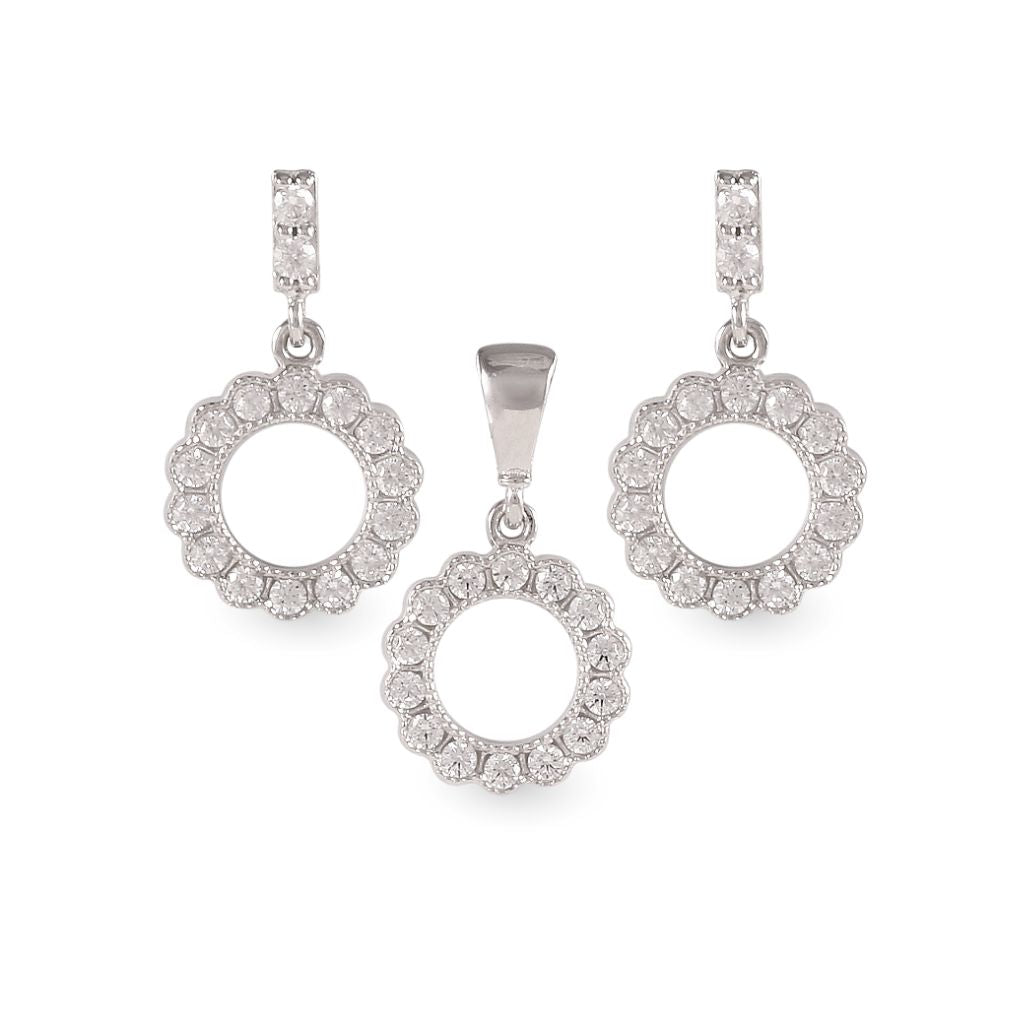 Juego de dije y aretes con circonia en oro blanco de 14k