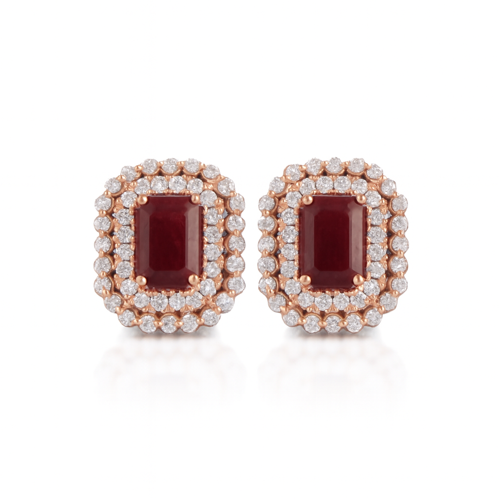 Aretes con rubí y doble halo de diamantes