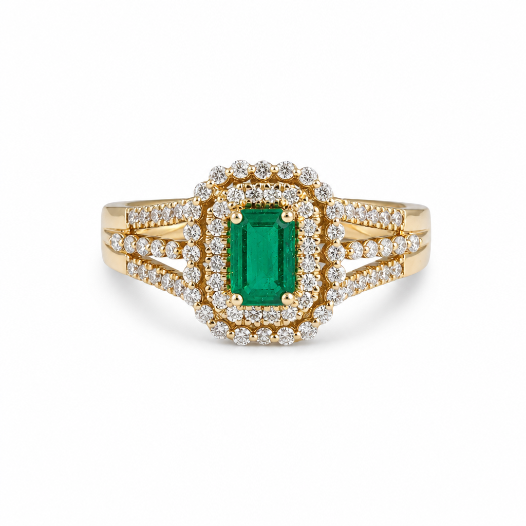 Anillo con esmeralda y halo de diamantes