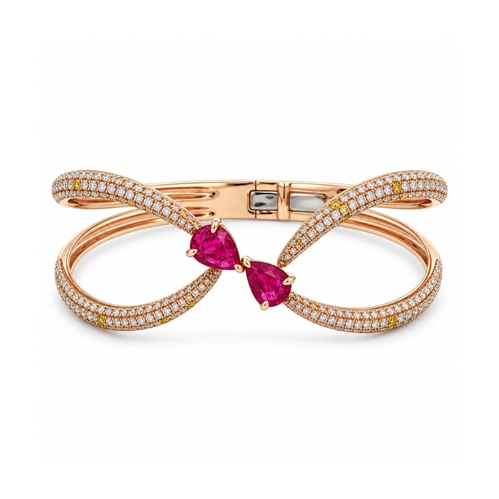 Brazalete rígido estilo infinito con rubí y pavé de diamantes
