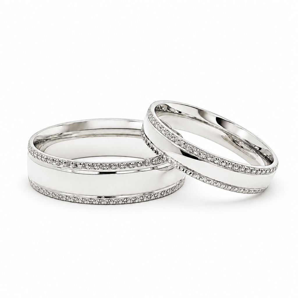 Par de argollas de matrimonio media caña con bisel labrado 6 mm y 4 mm oro blanco 10k