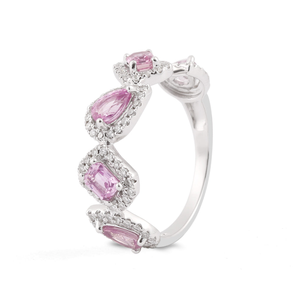 Anillo churumbela con zafiros rosas y halo de diamantes en oro blanco