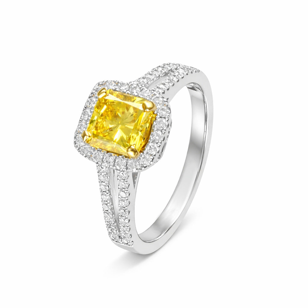 Anillo con diamante fancy yellow lab grown y halo de diamantes
