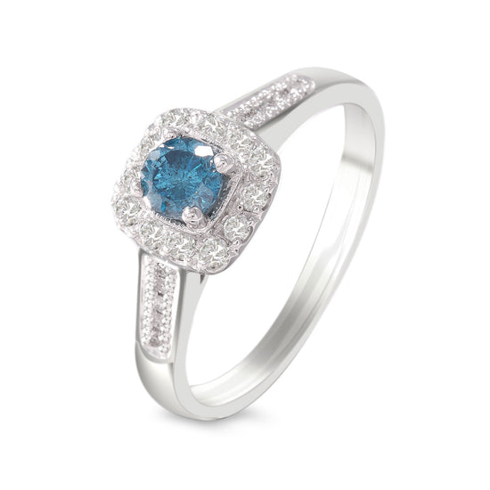 Anillo de compromiso con diamante blue enhanced y diamantes laterales en oro blanco