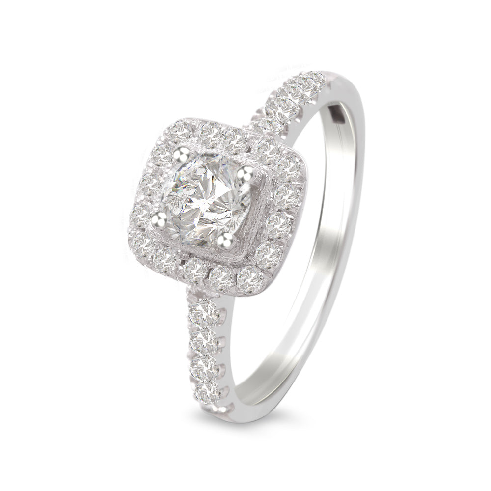 Anillo de compromiso con diamante central 0.59 ct corte brillante y diamantes laterales
