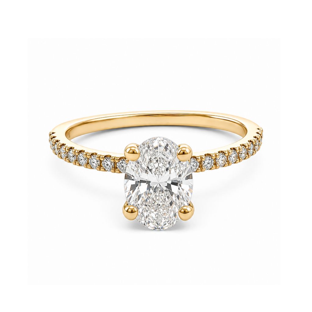 Anillo de compromiso con diamante central lab-grown oval y diamantes laterales