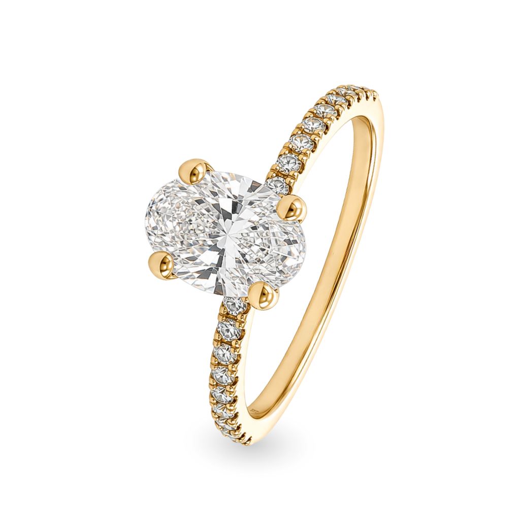 Anillo de compromiso con diamante central lab-grown oval y diamantes laterales
