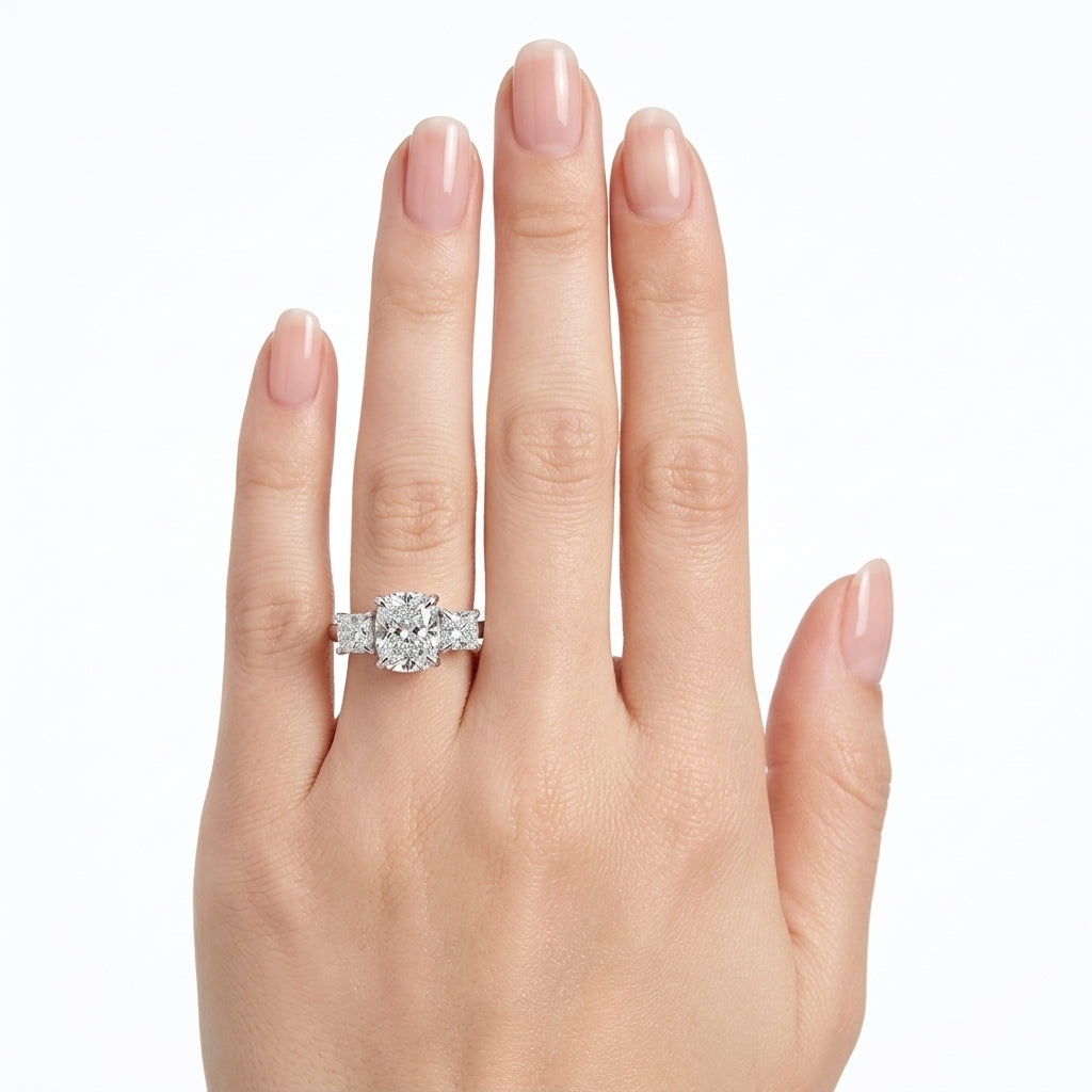 Anillo de compromiso con diamante corte cushion lab-grown y diamantes laterales