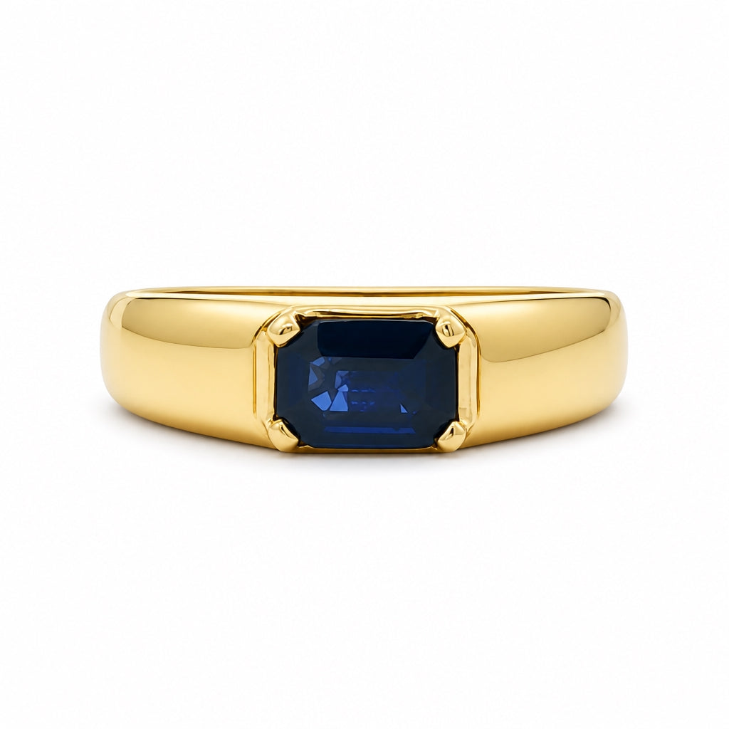 Anillo con diseño rectangular con zafiro en oro amarillo 14 k
