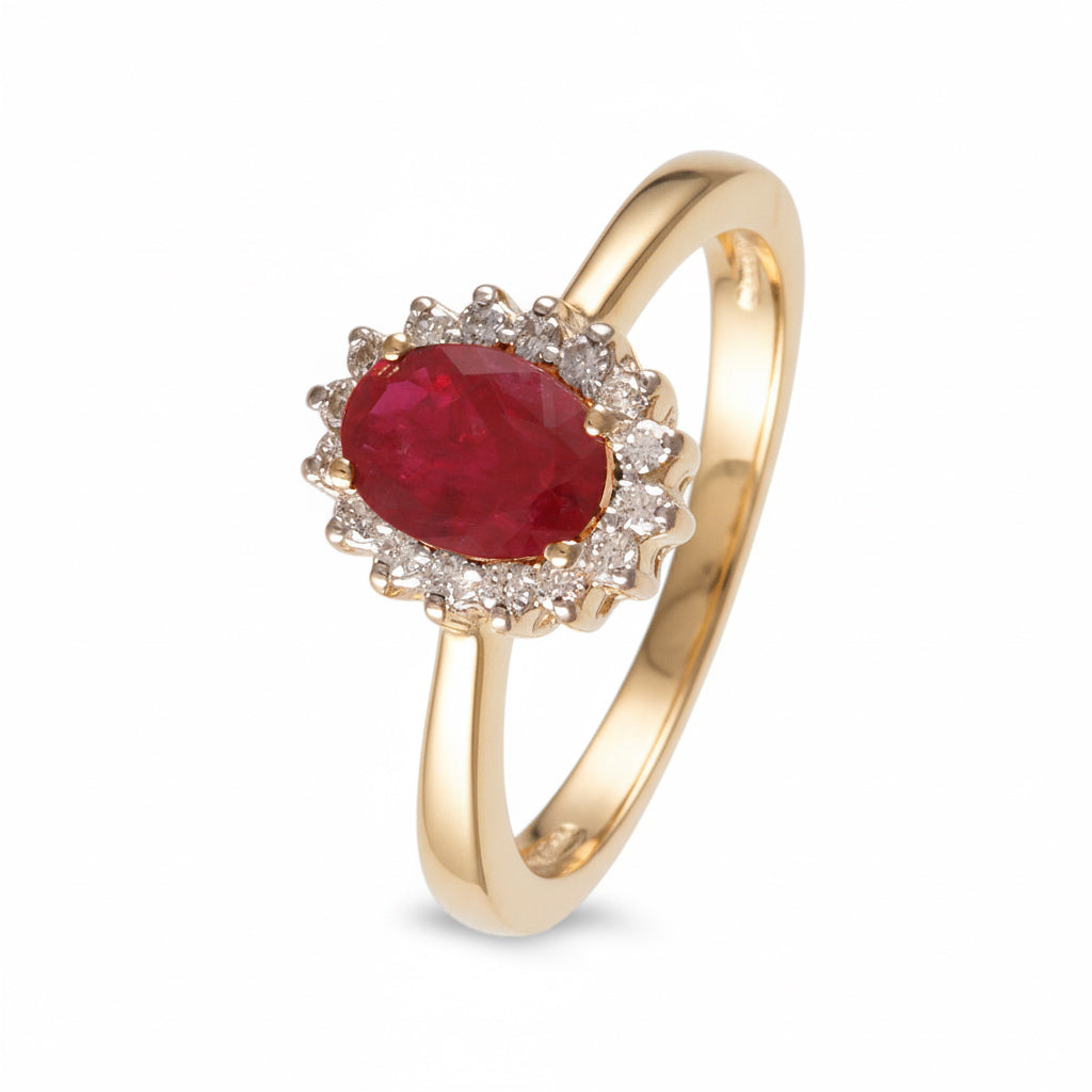 Juego anillo de aretes con rubi y diamantes