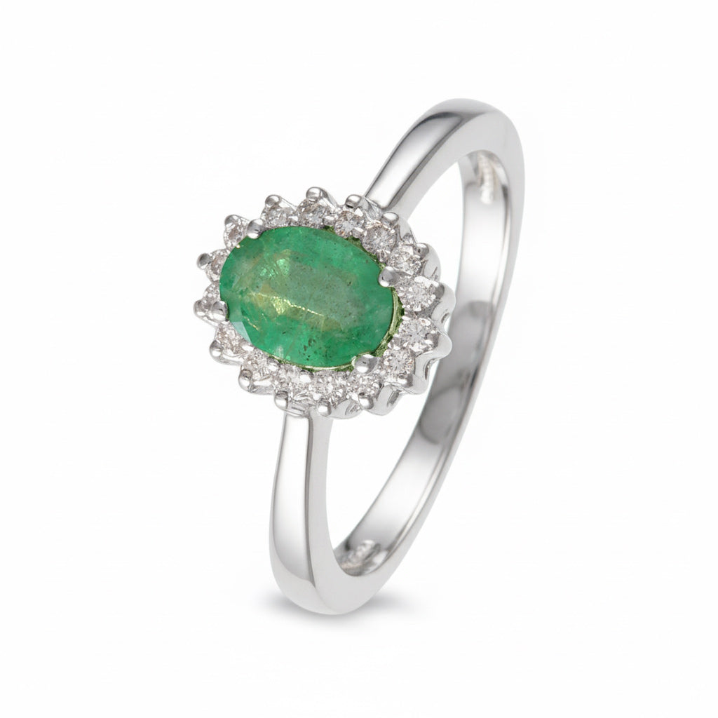 Anillo con esmeralda y halo de diamantes