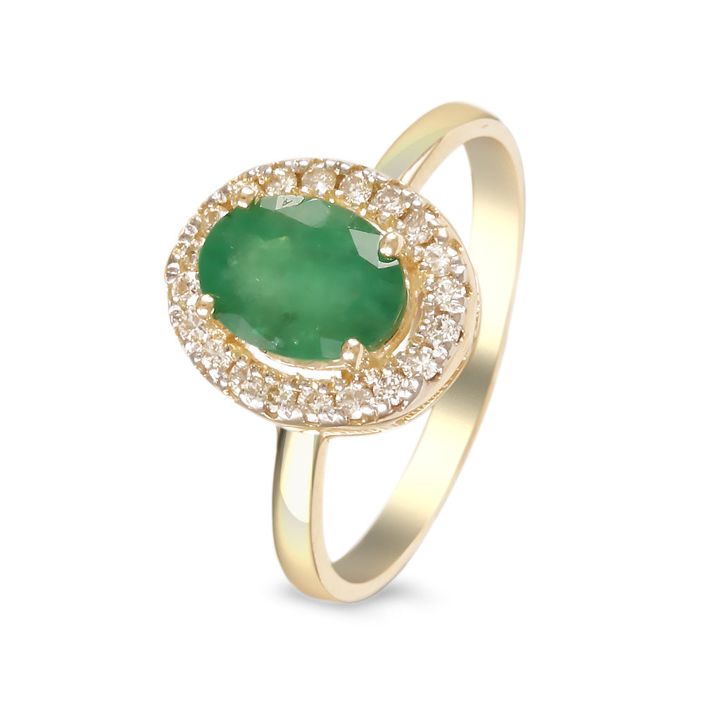 Anillo con esmeralda y halo de diamantes en oro amarillo