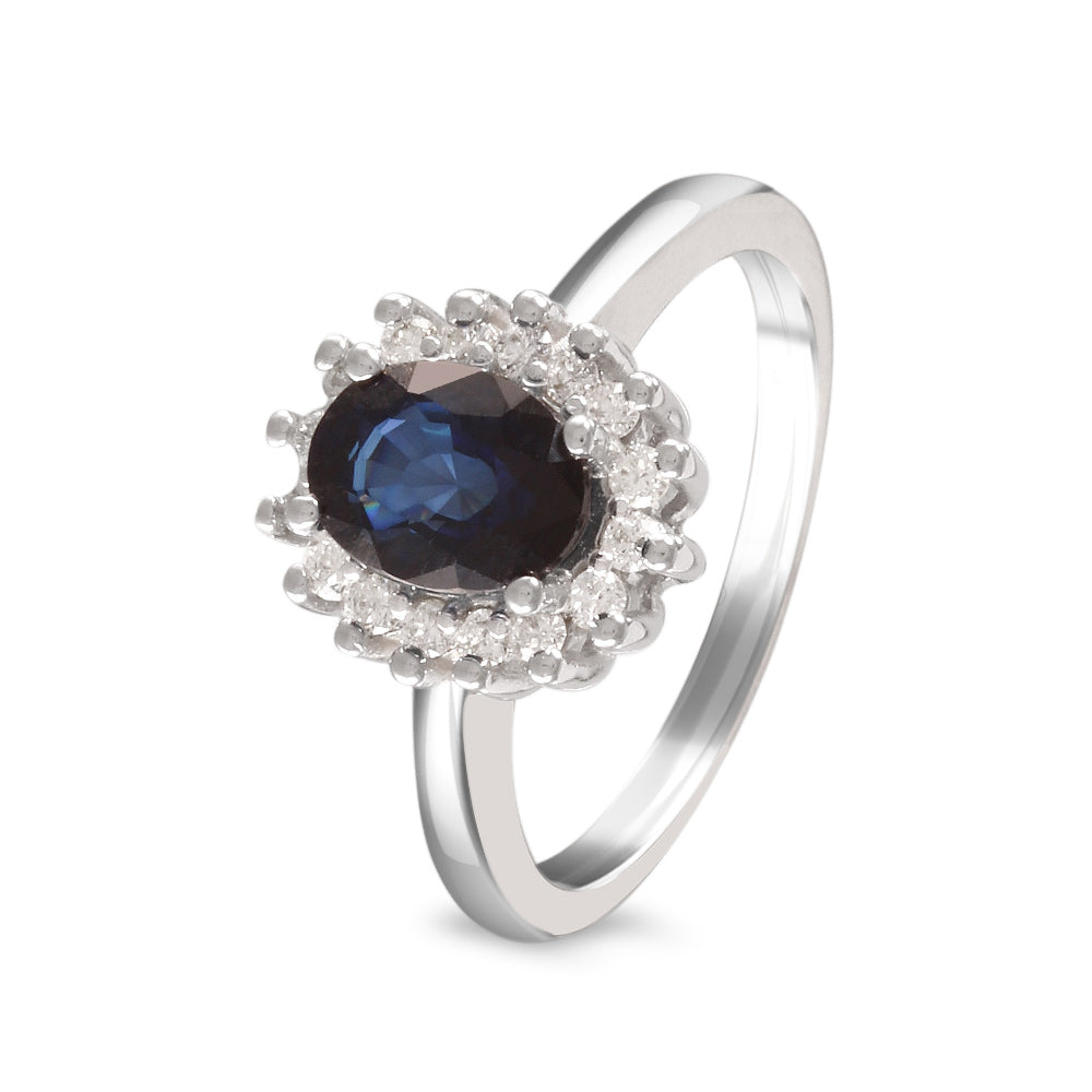 Anillo con zafiro y halo de diamantes