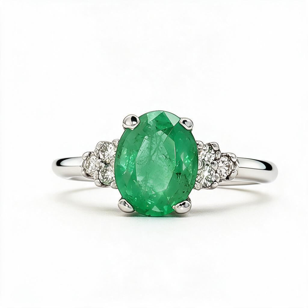 Anillo con esmeralda y diamantes laterales