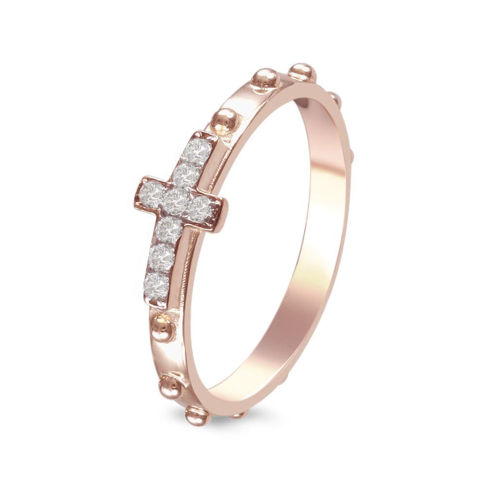 Anillo de mujer estilo decenario de Rosario con diamante en oro rosa de 14K