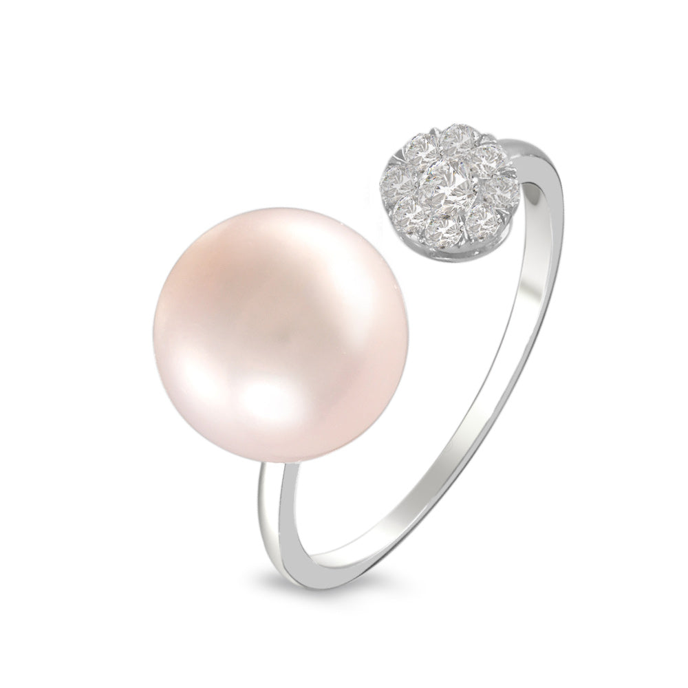 anillo abierto con perla y diamantes oro blanco