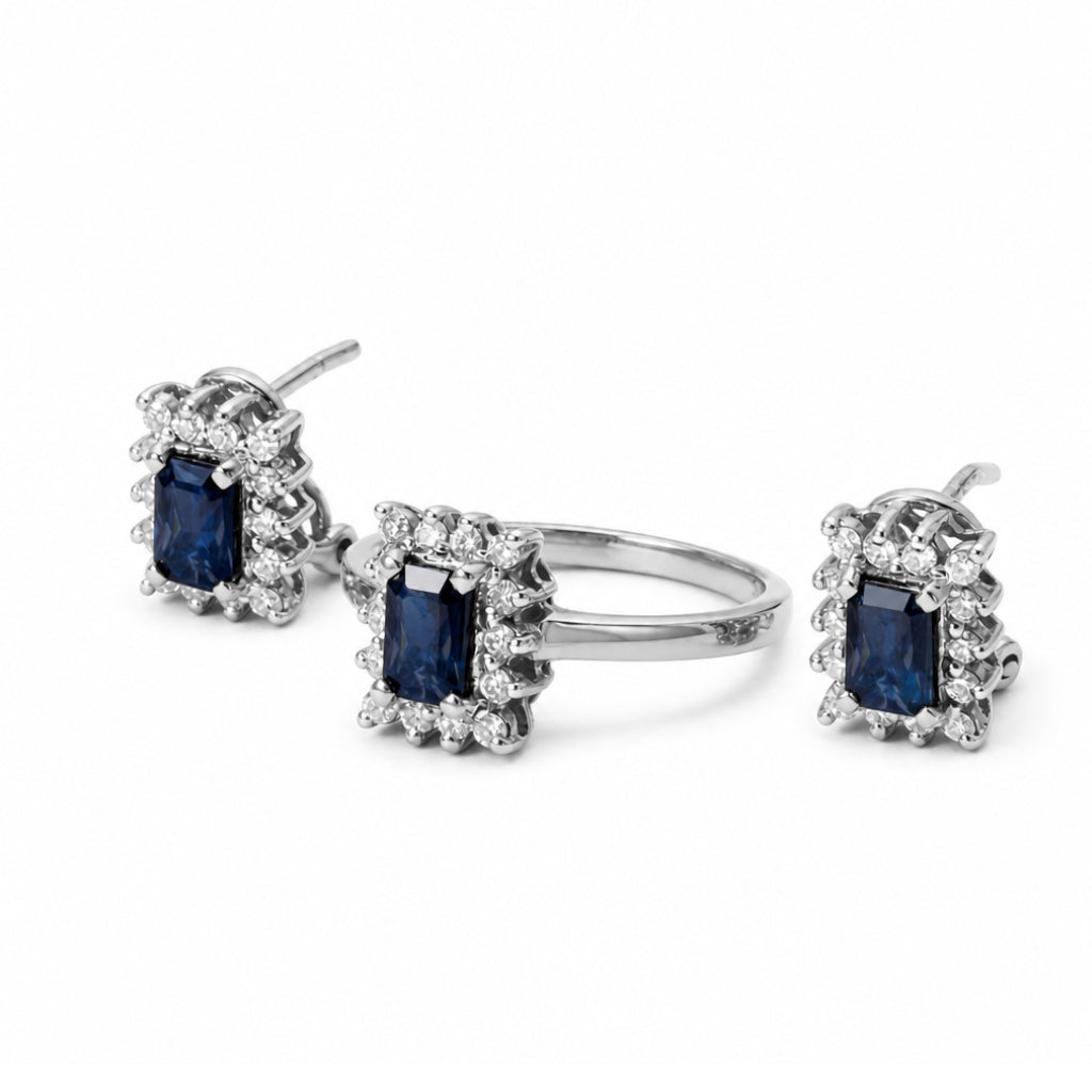 Juego de anillo y aretes con zafiro y diamantes en oro blanco