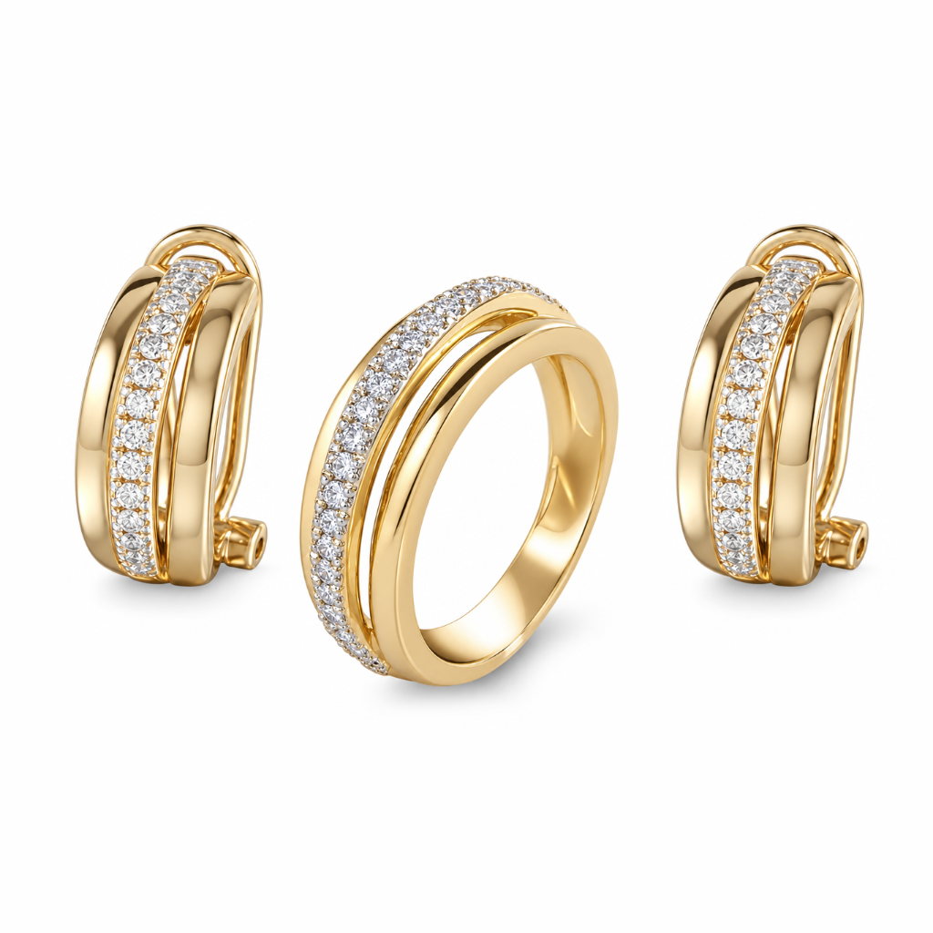 Juego de anillo y aretes con diamantes