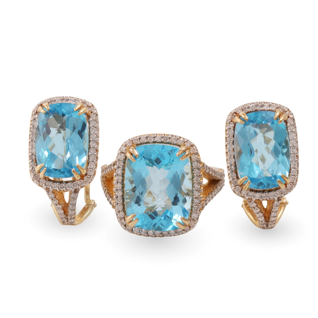 Juego oro amarilo de anillo y aretes con topacio y diamantes