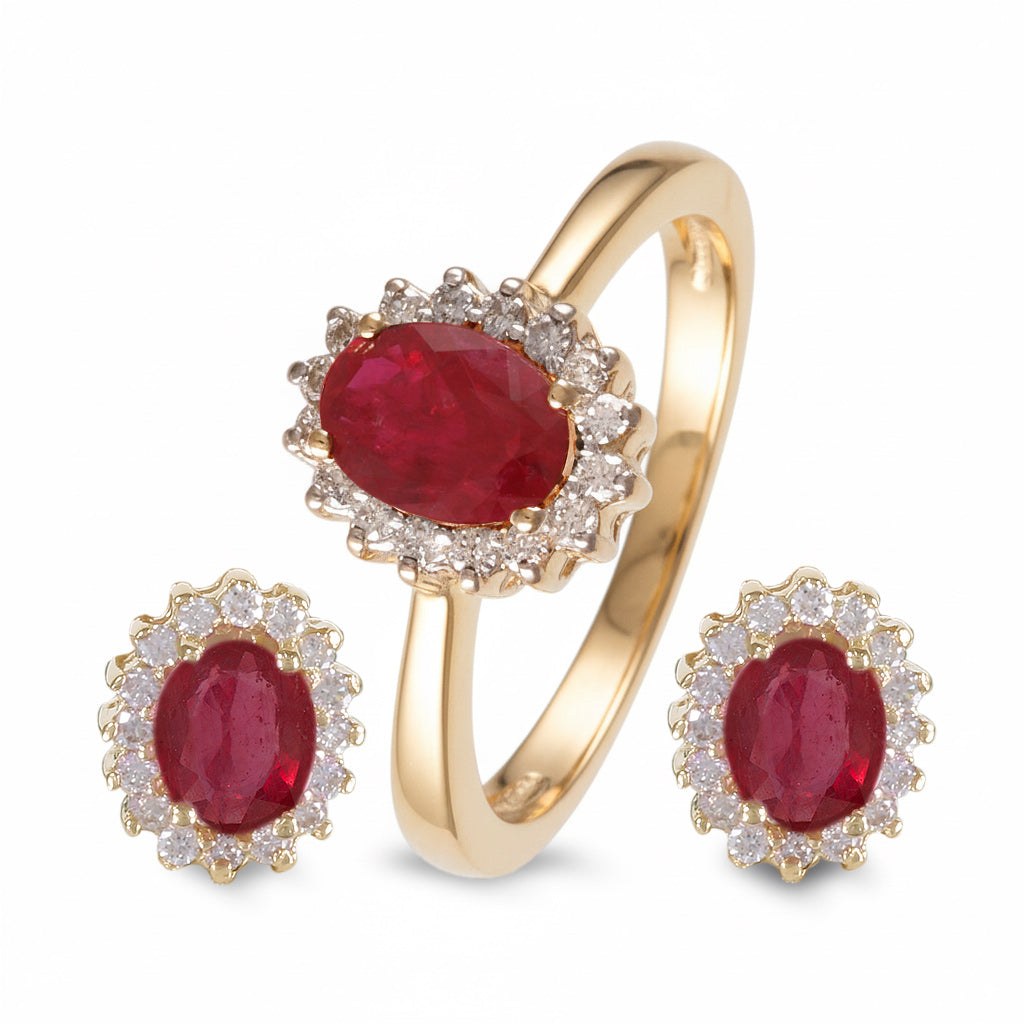 Juego anillo de aretes con rubi y diamantes
