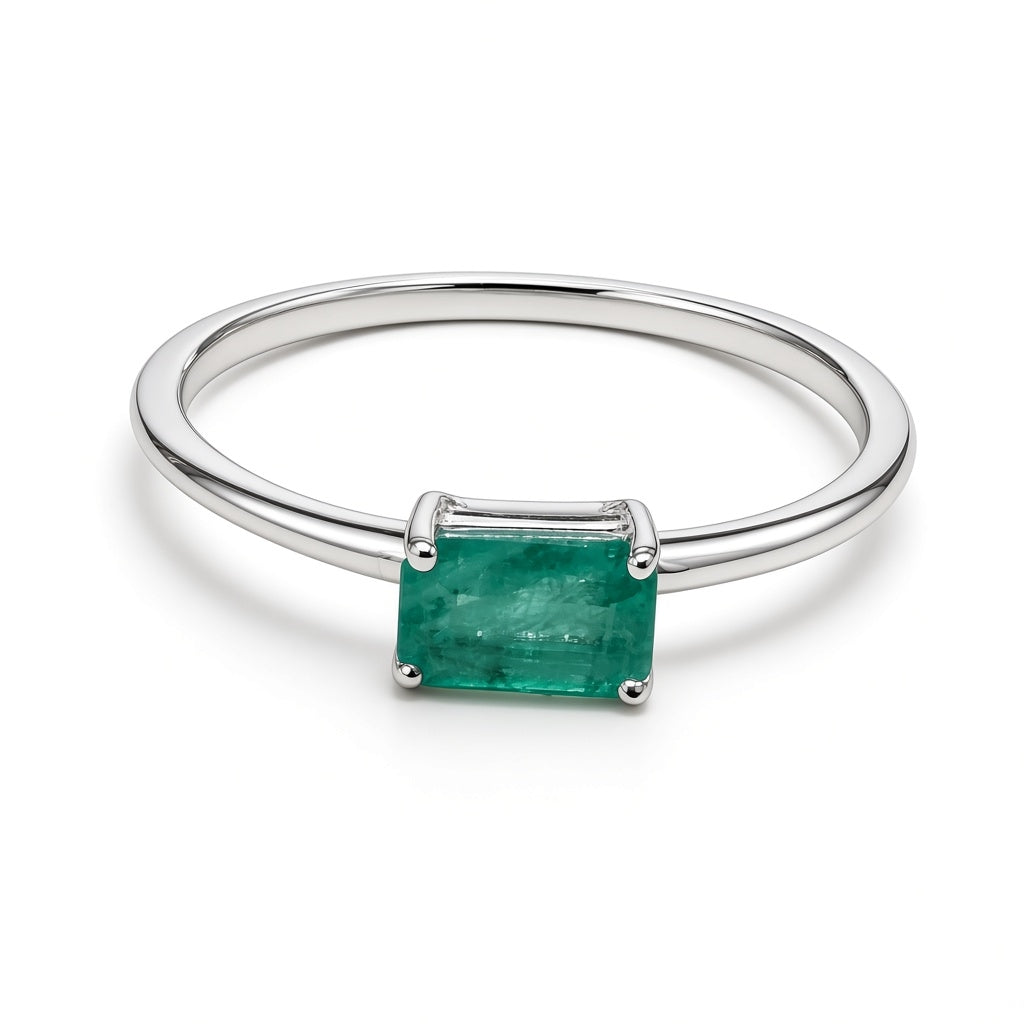 Anillo solitario oro blanco 14k con esmeralda