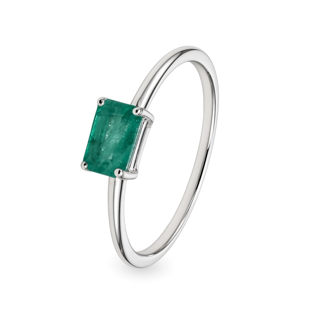 Anillo solitario oro blanco 14k con esmeralda