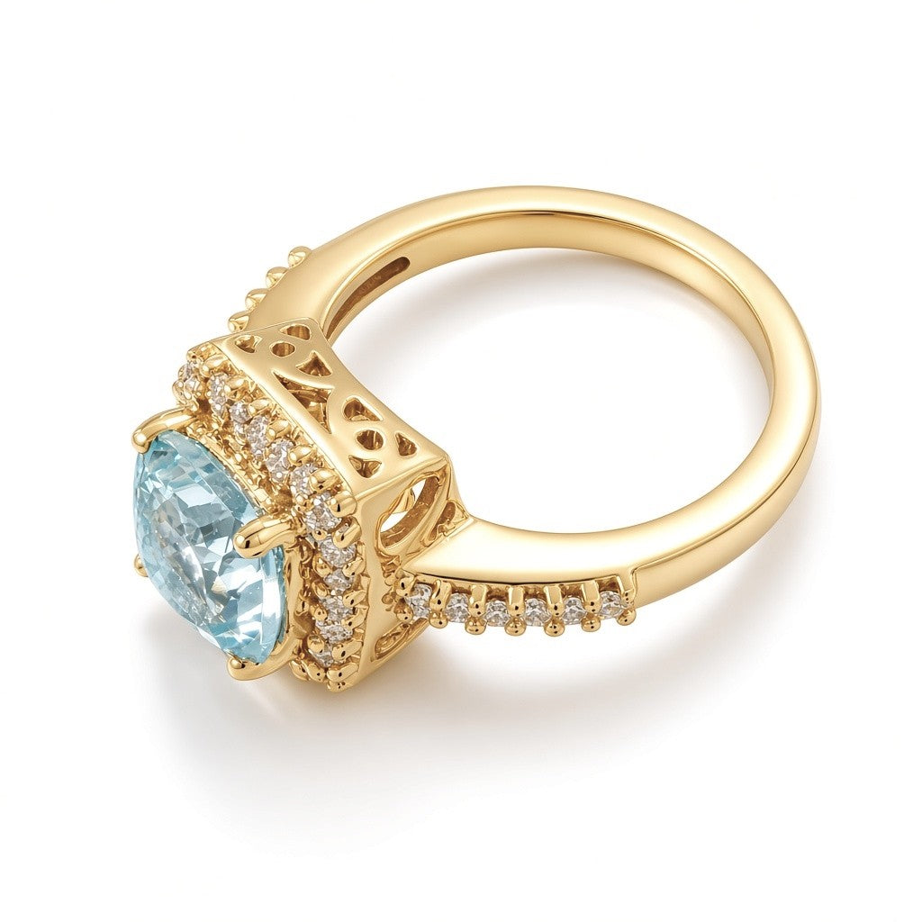 Anillo de aguamarina con halo y diamantes laterales