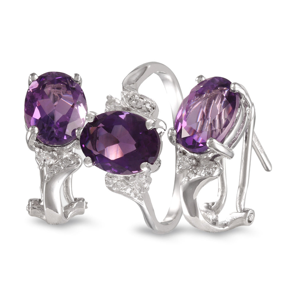 Juego de anillo y aretes con amatista y diamantes