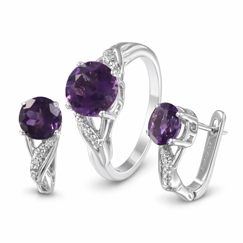 Juego de anillo y aretes con amatista y diamantes