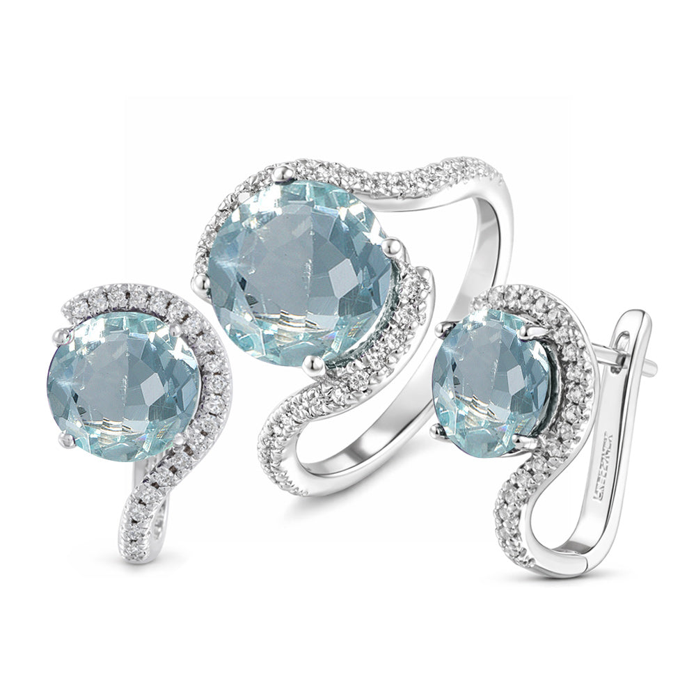 Juego de anillo y aretes con aguamarina y diamantes