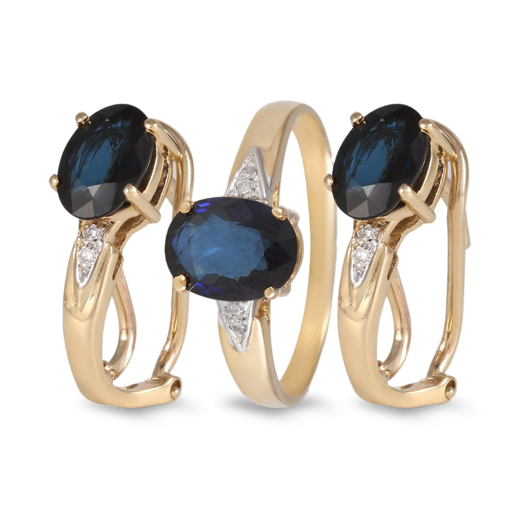 Juego de anillo y aretes con zafiro y diamantes