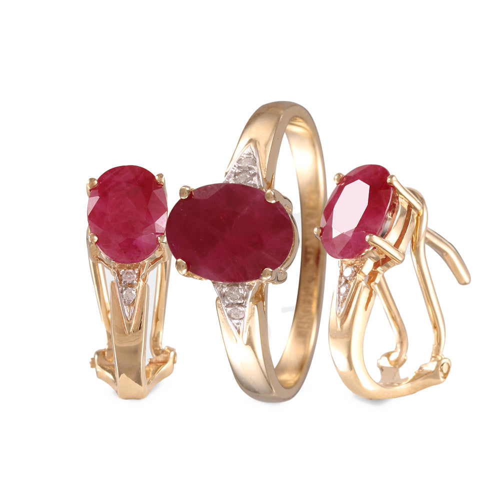 Juego anillo y aretes con rubí y diamantes