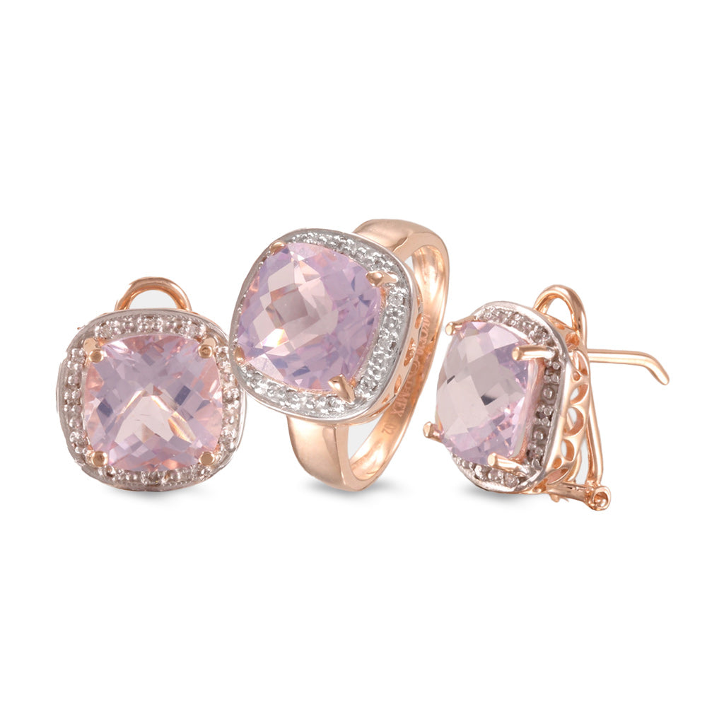 Juego de anillo y aretes con cuarzo lavanda y diamantes