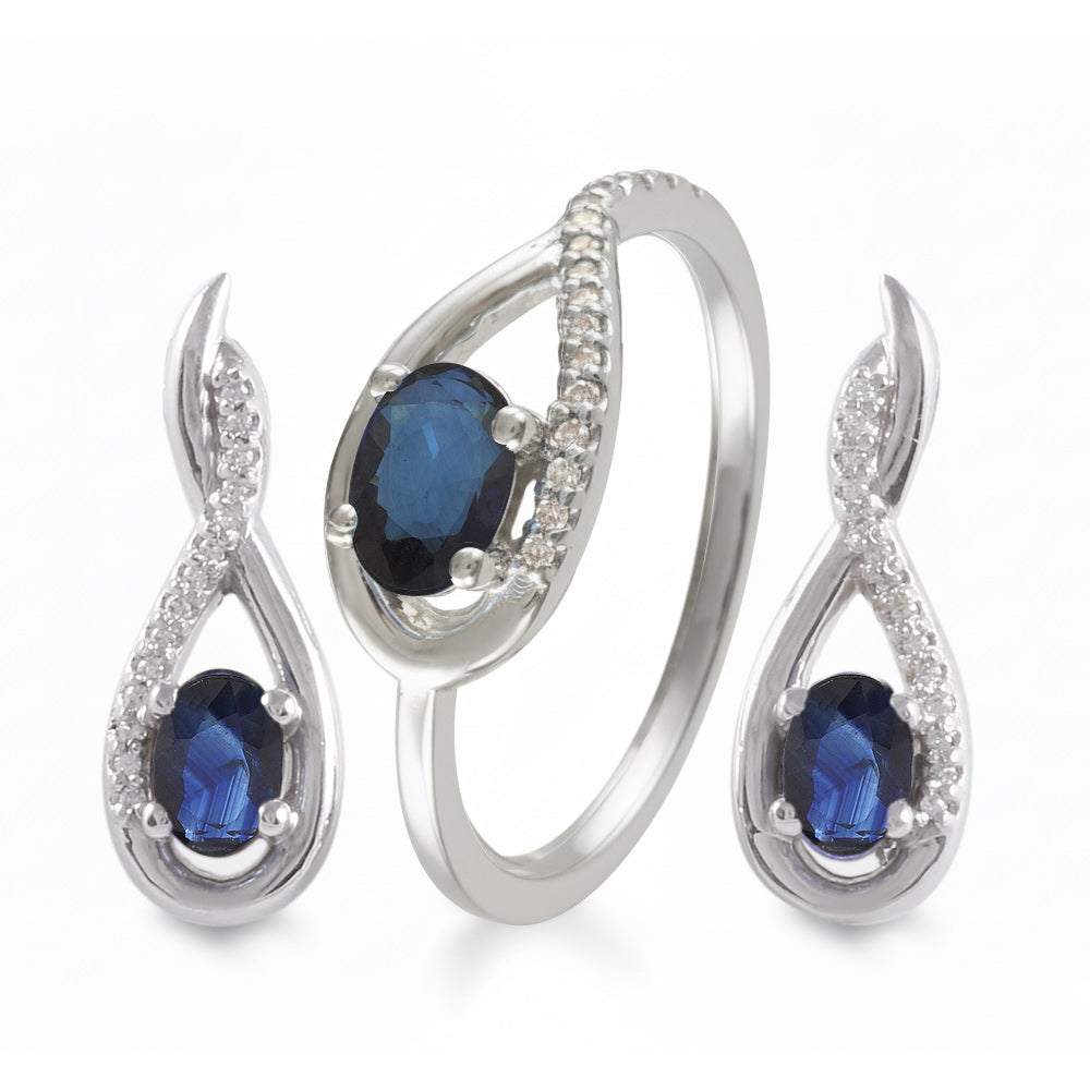 Juego de anillo y aretes con zafiro y diamantes