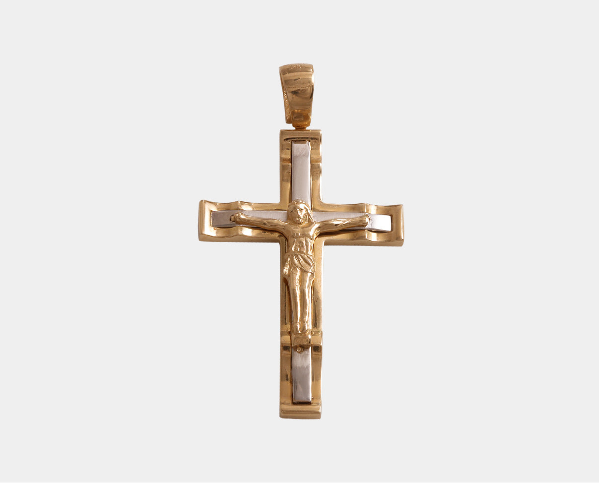 Cruz con Cristo Oro Combinado 14k.  Joyería Religiosa. Joyería para hombre.