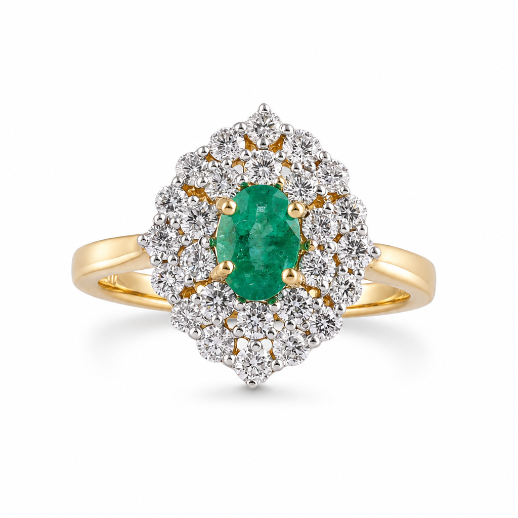 Anillo con esmeralda y halo estilizado de diamantes