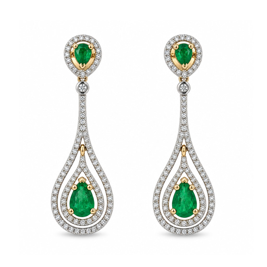 Aretes largos con esmeralda y diamantes