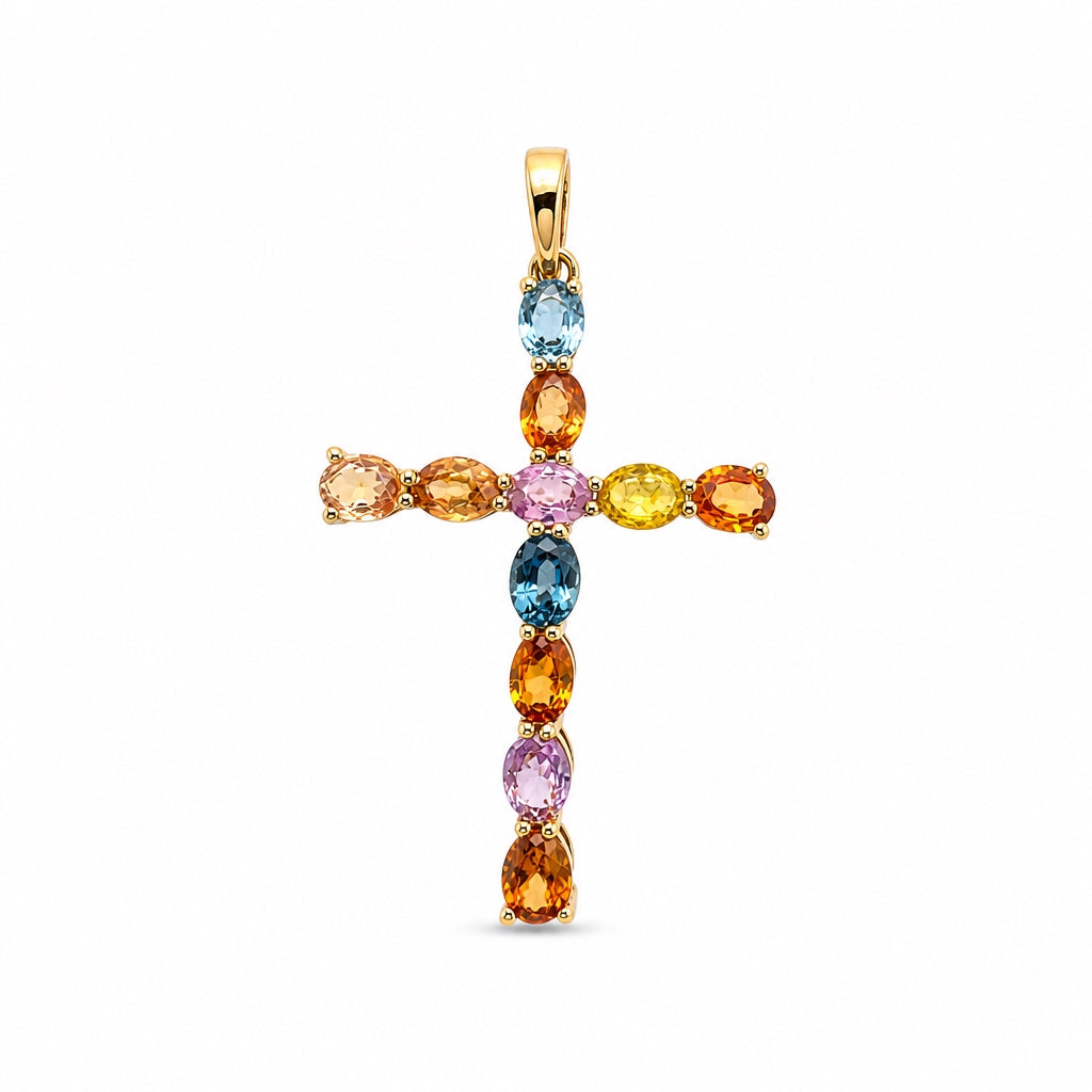 Dije de Cruz con zafiro multicolor