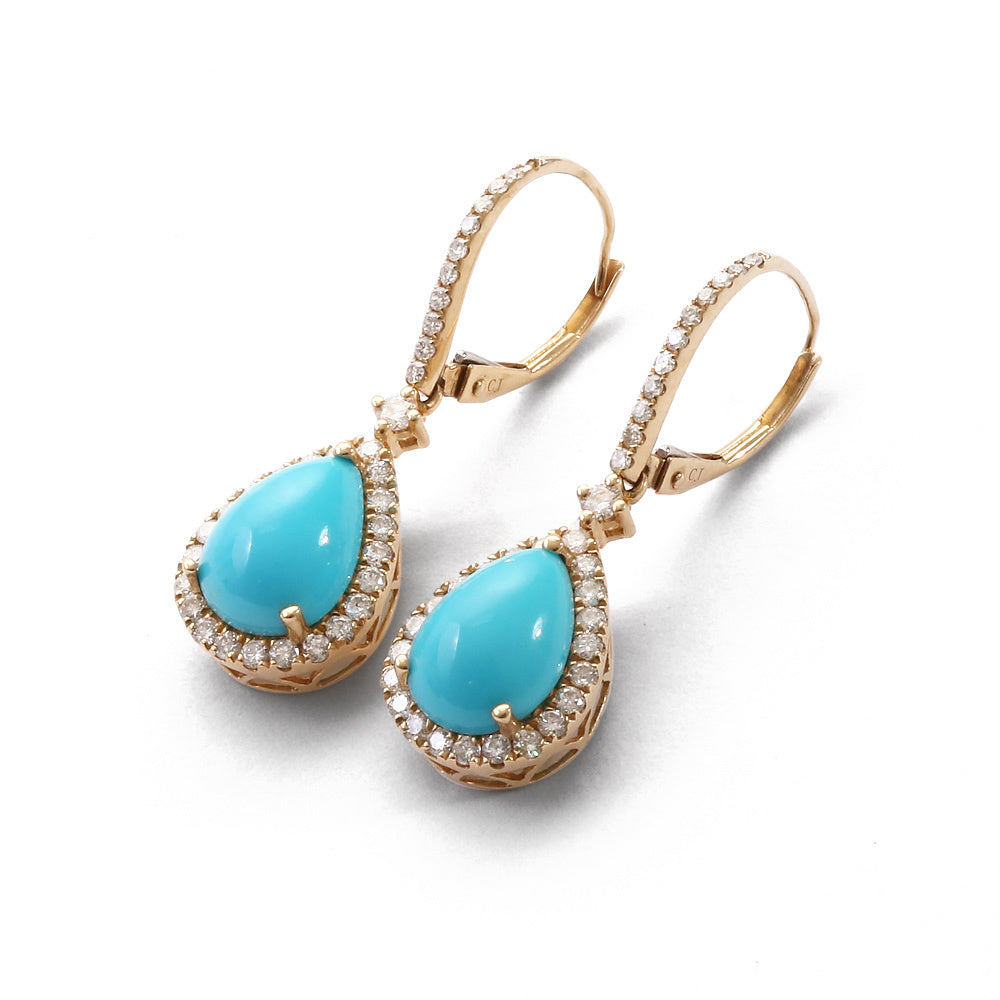 Aretes diseño gota con turquesa y diamantes