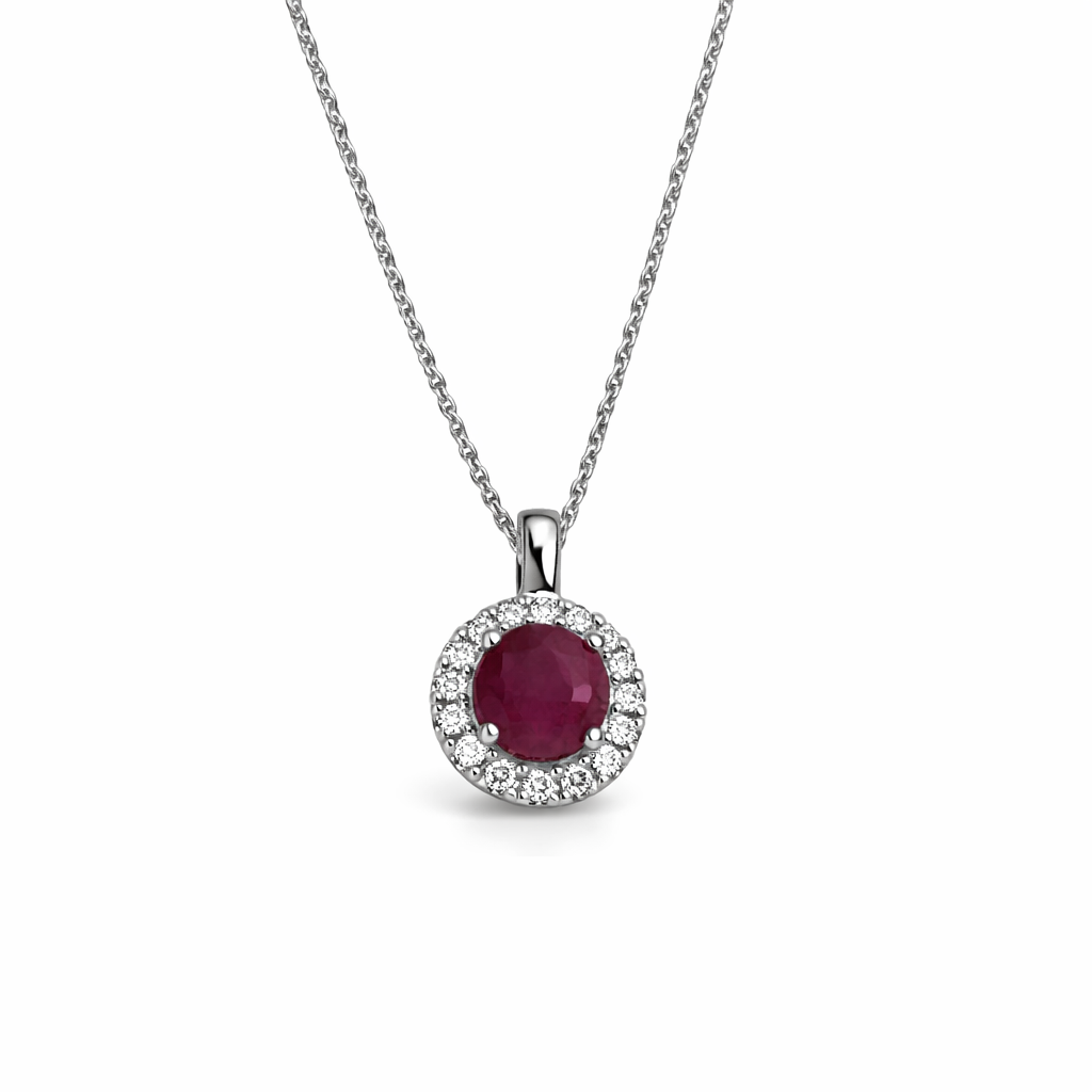 Cadena con dije con rubí y halo de diamantes