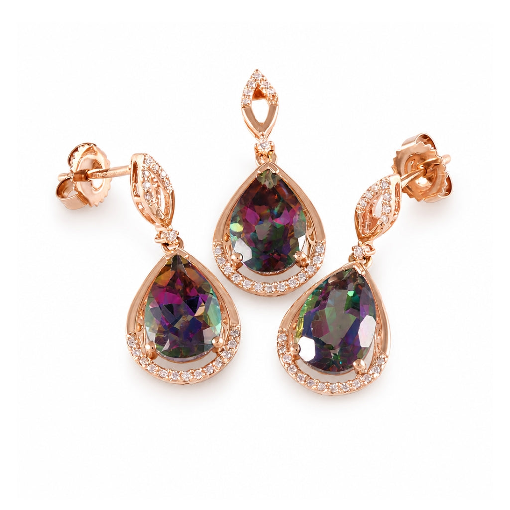 Juego de dije y aretes con topacio místico y diamantes