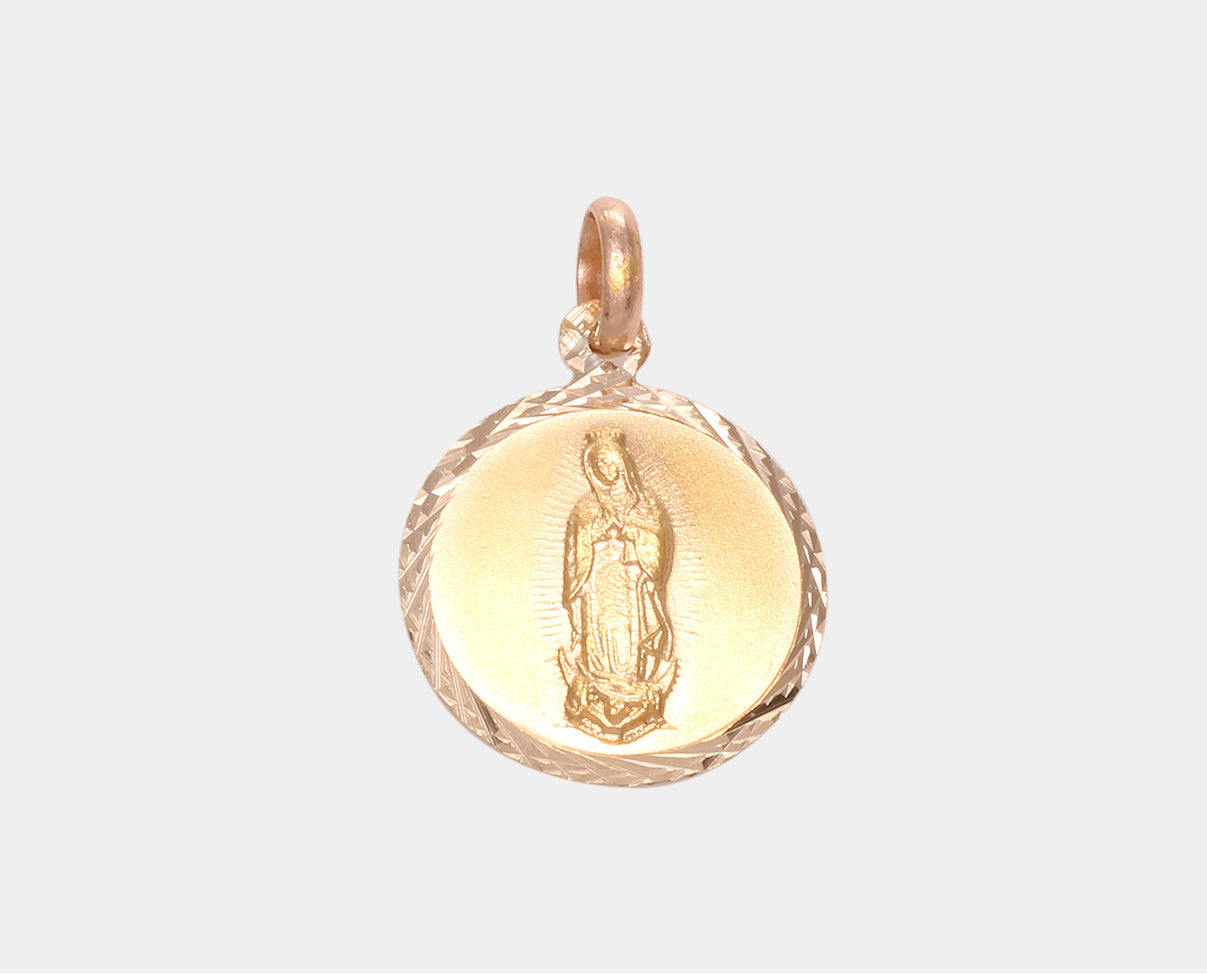 Medalla redonda Escapulario Virgen de Guadalupe y Sagrado Corazón de Jesús Oro Amarillo 10k. Joyería Religiosa. Joyería para Primera Comunión. 