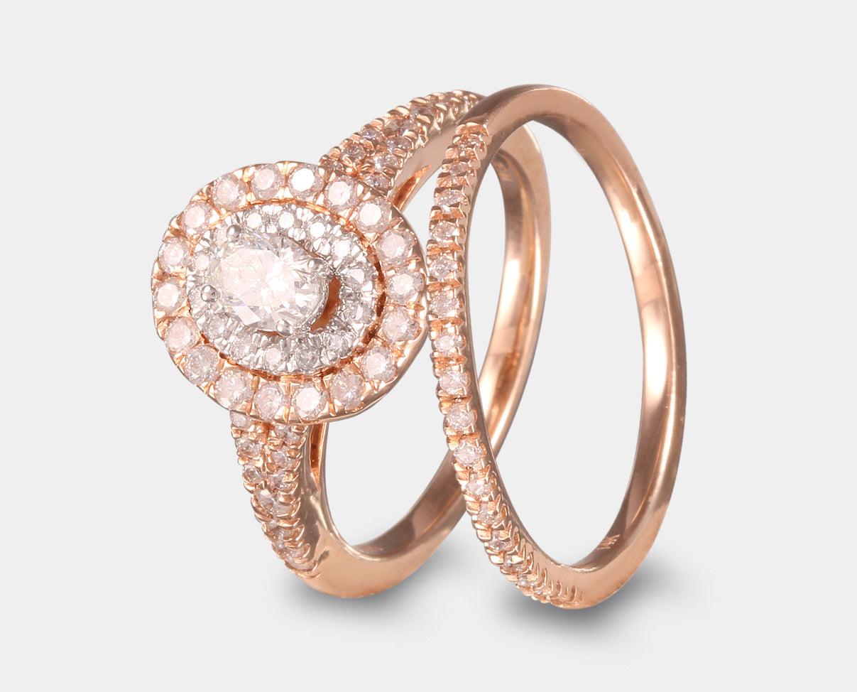 Duo Anillo de compromiso Vintage con diamante y churumbela con diamantes en oro rosa 14k