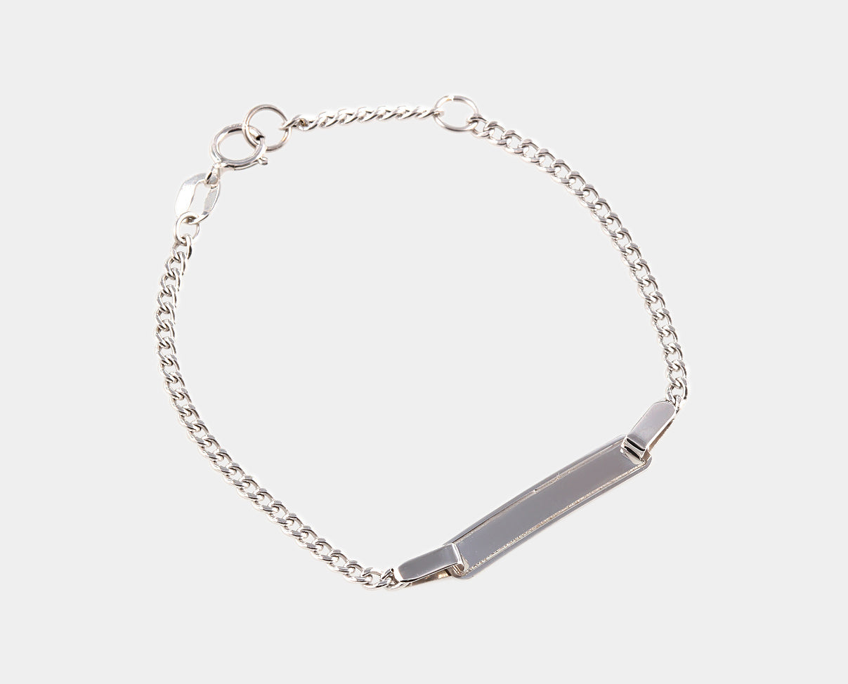 Esclava infantil con placa tejido barbado oro blanco 14k. Joyería infantil.