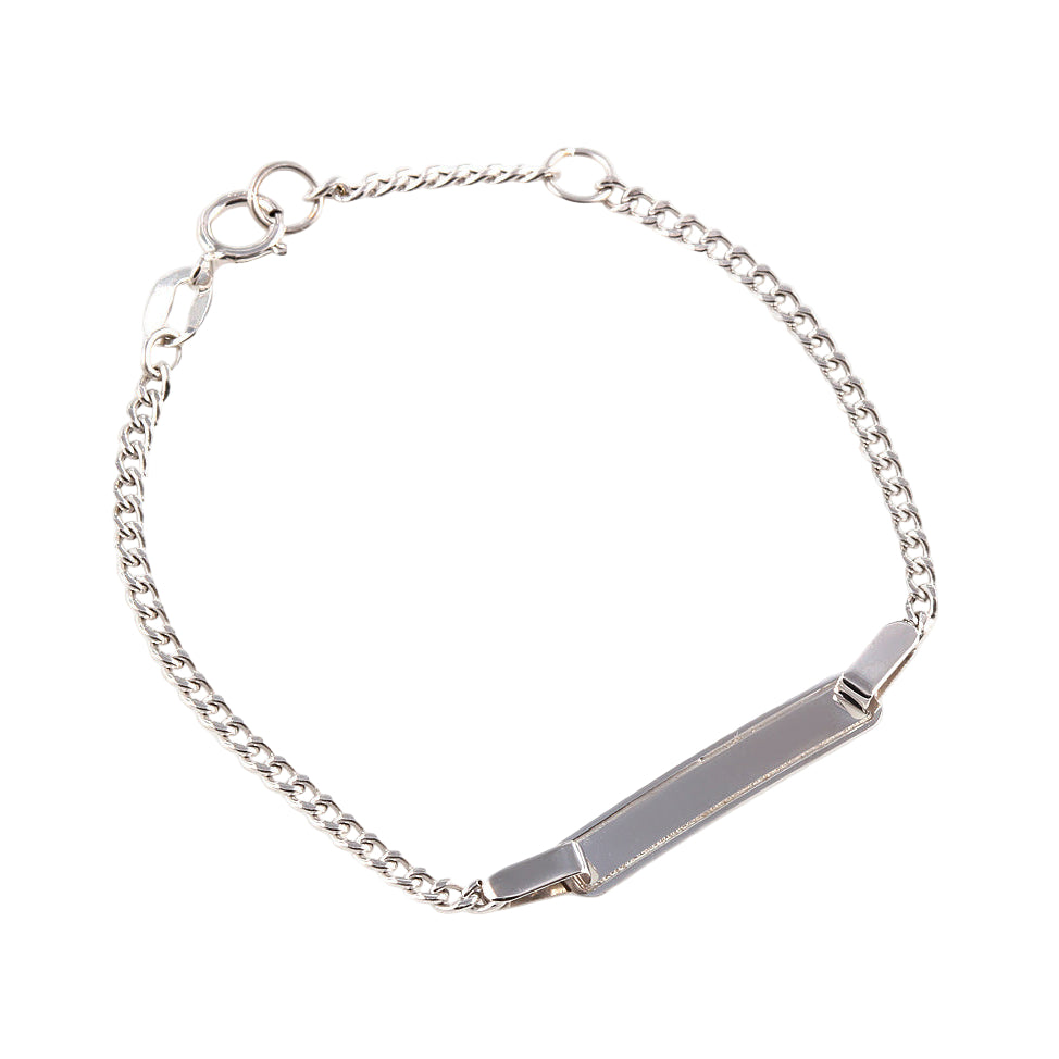 Esclava infantil con placa tejido barbado oro blanco 14k. Joyería infantil.