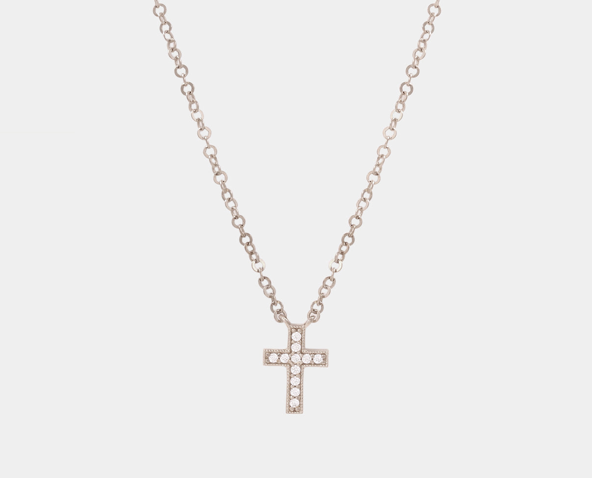Gargantilla Cruz con Circonia Oro Blanco 14k. Regalos religiosos y Primera Comunión.