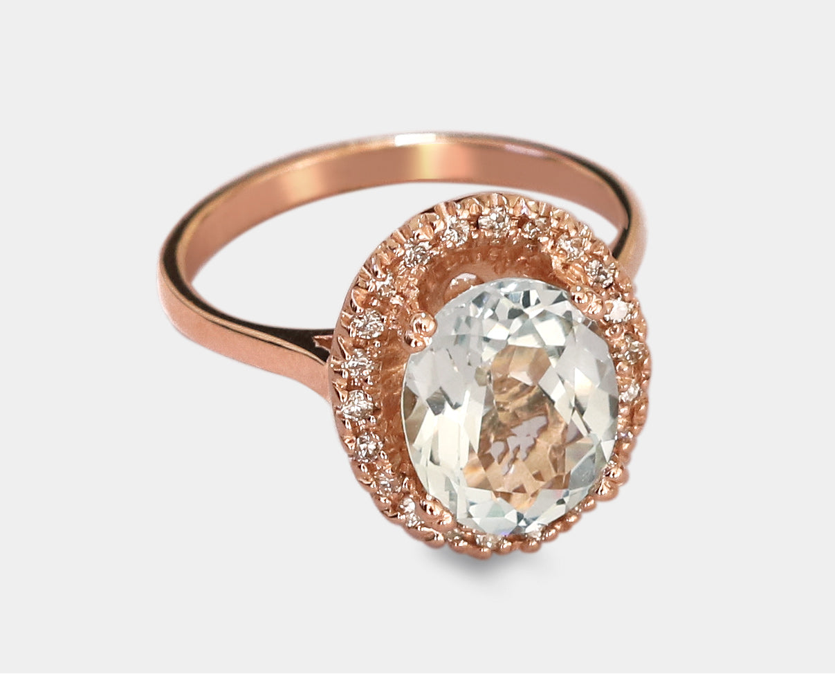 Precioso Anillo de Oro Rosa 14k con Aguamarina y Diamantes. Anillos Piedras Naturales y Semipreciosas.