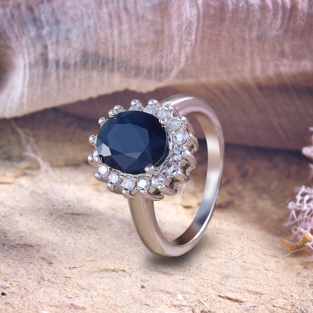 Anillo de Compromiso Oro Blanco 14k con Zafiro y Diamantes. Anillos Piedras Naturales y Semipreciosas.